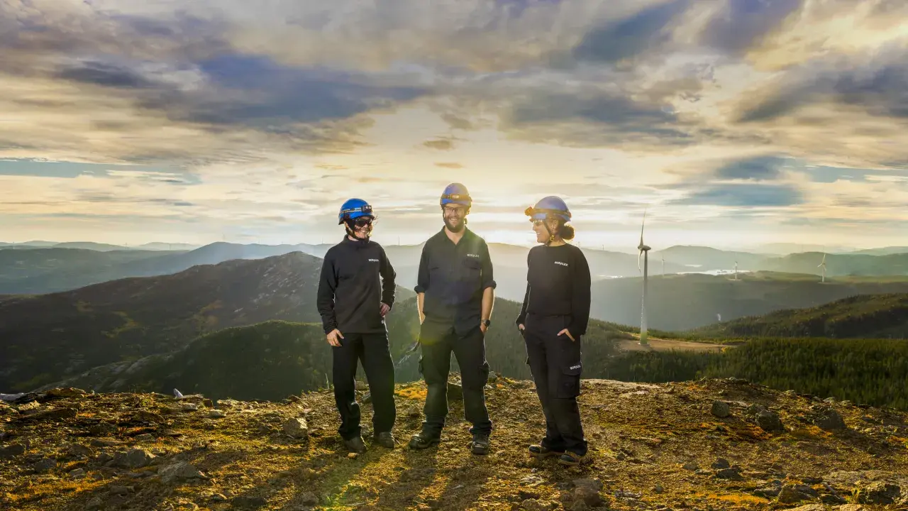 Boralex employee group facing a wind farm and landscape